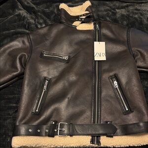 Zara Dark Brown Faux Leather Sherpa Jacket Coat Bomber Oversized M Double Face